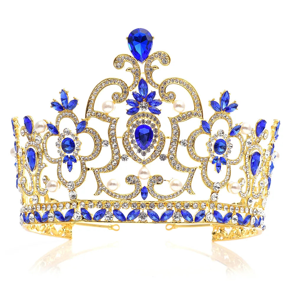 Baroque Vintage Crystal Pearl Big Tiara Crown Diadem Queen King Head Jewelry Bridal Tiaras Wedding Hair Accessories Ornaments