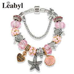Dropshipping HOT Pink Crystal Heart Shell Charm Bracelet Silver Plated Turtle Starfish DIY Beaded Bracelets Casual Jewelry Gift
