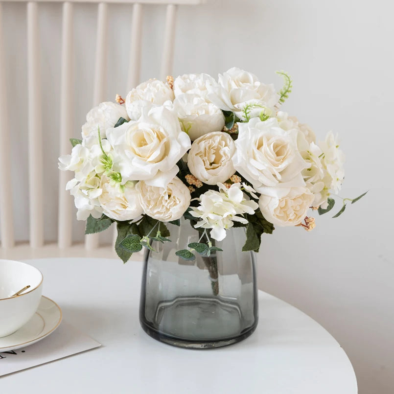 Cheap Silk Hydrangea Spring Wedding Garden Roses Bridal Bouquet Festival Decoration Vase Home Room Fake Peony Artificial Flowers