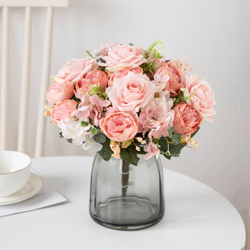 Cheap Silk Hydrangea Spring Wedding Garden Roses Bridal Bouquet Festival Decoration Vase Home Room Fake Peony Artificial Flowers