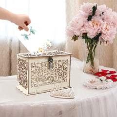 Wooden Wedding Gifts Card Boxes With Lock Mr&Mrs Couple Flower Pattern Envelope Sign Cards Wood Box DIY Rustic Wedding Supplies