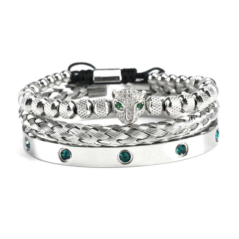 Luxury Set Green Eye Leopard Head Charm Handmade Man Bracelet Crystals Women Stainless Steel Bangles Jewelry