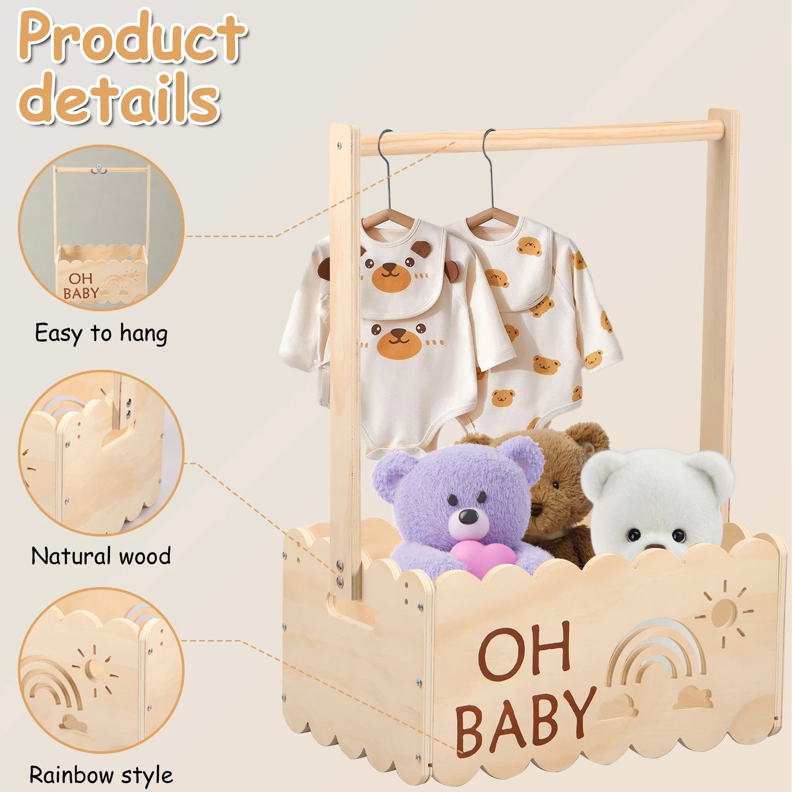Wood Baby Shower Crate Closet Baby Shower Basket with Handle Practical Multipurpose Gift Basket for Boys Girls New Parents