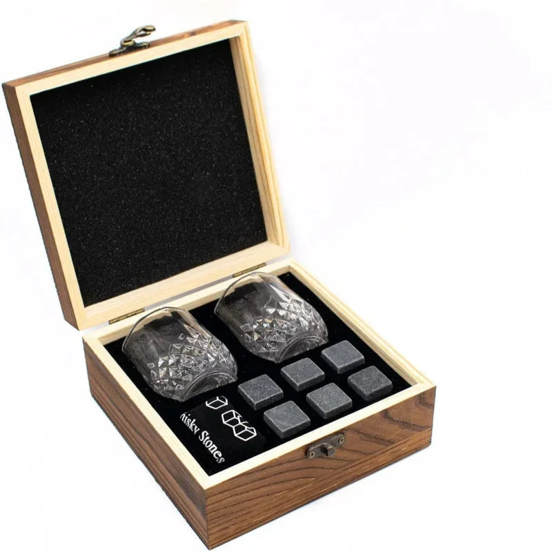 Father's Day Gift for Men Whiskey Stones Glasses Set Granite Ice Cube for Whisky in Wooden Bottle Box Present for Dad Husband