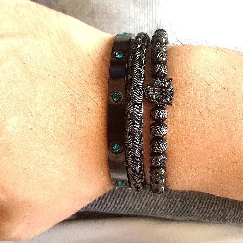 Luxury Set Green Eye Leopard Head Charm Handmade Man Bracelet Crystals Women Stainless Steel Bangles Jewelry
