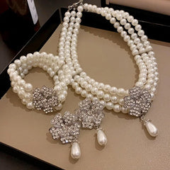 Flower Party Necklaces Women French Luxury Imitation Pearl Multi-layer Necklaces Bracelet Earrings Shiny Rhinestone Jewelry Sets
