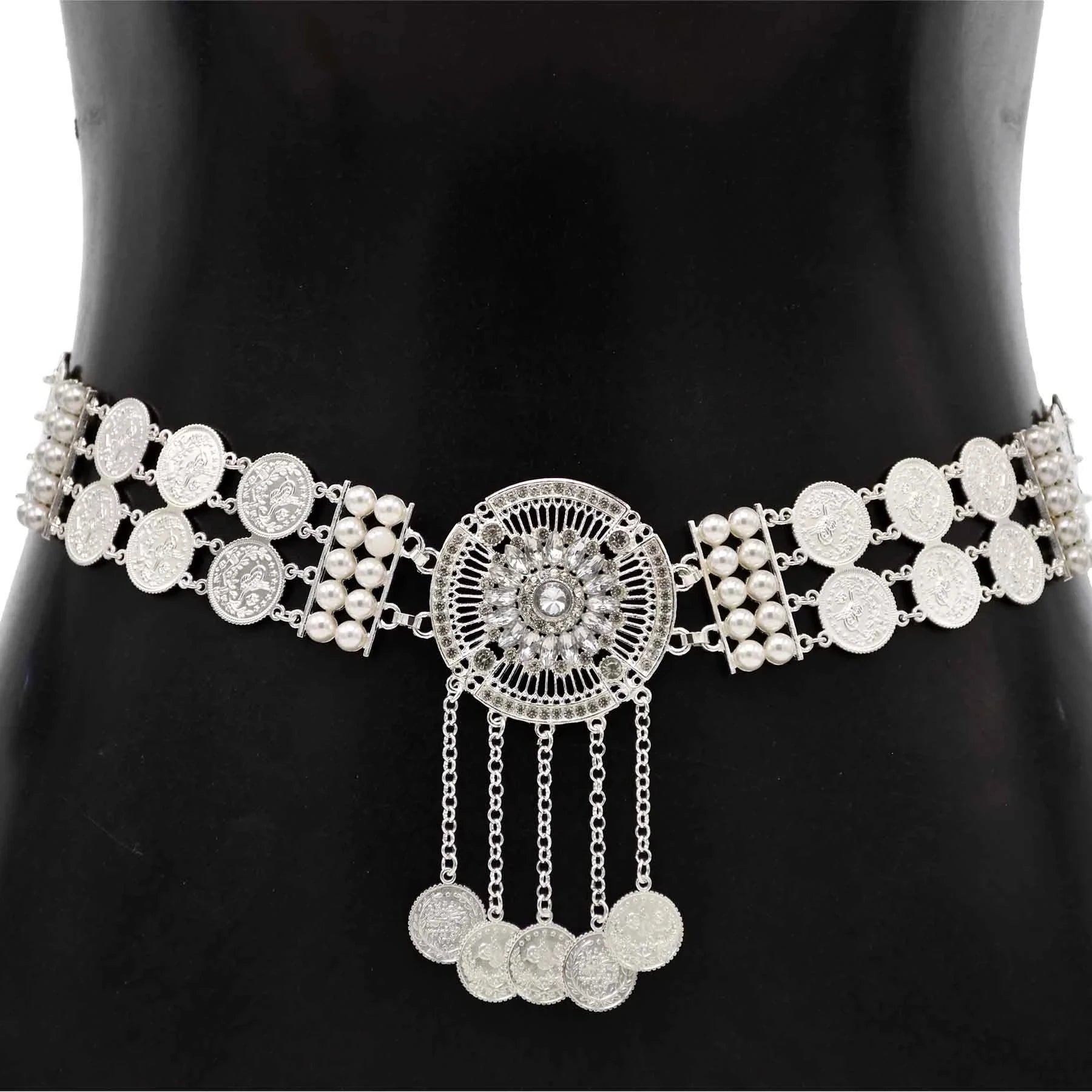 Bohemian Blue Stone Belly Chains for Women Vintage Metal Coin Tassel Flower Bikini Dance Waist Body Chain Party Jewelry Gift