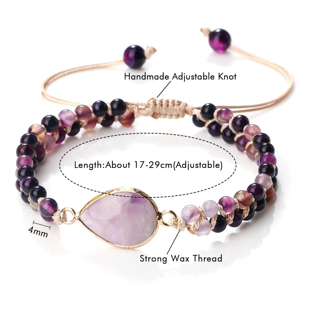 Purple Crystal Agate Stone Wrap Bracelet Charm String Braided Yoga Beaded Bracelets Bangles Bohemian Gift Jewelry for Women Men