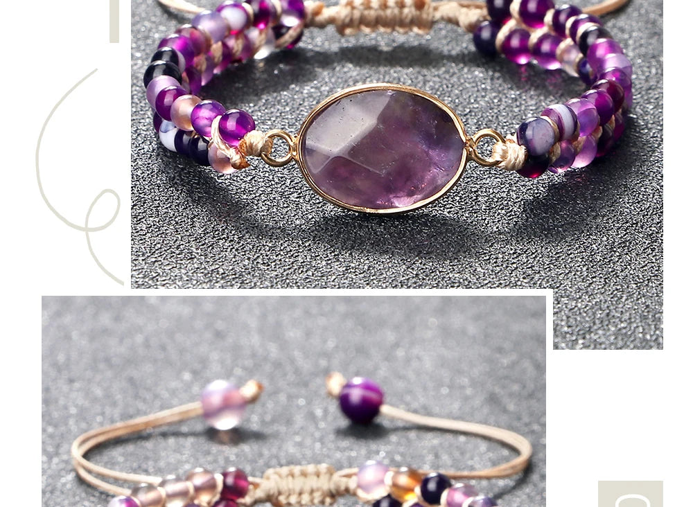 Purple Crystal Agate Stone Wrap Bracelet Charm String Braided Yoga Beaded Bracelets Bangles Bohemian Gift Jewelry for Women Men