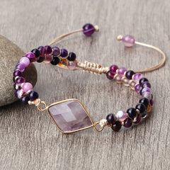 Purple Crystal Agate Stone Wrap Bracelet Charm String Braided Yoga Beaded Bracelets Bangles Bohemian Gift Jewelry for Women Men