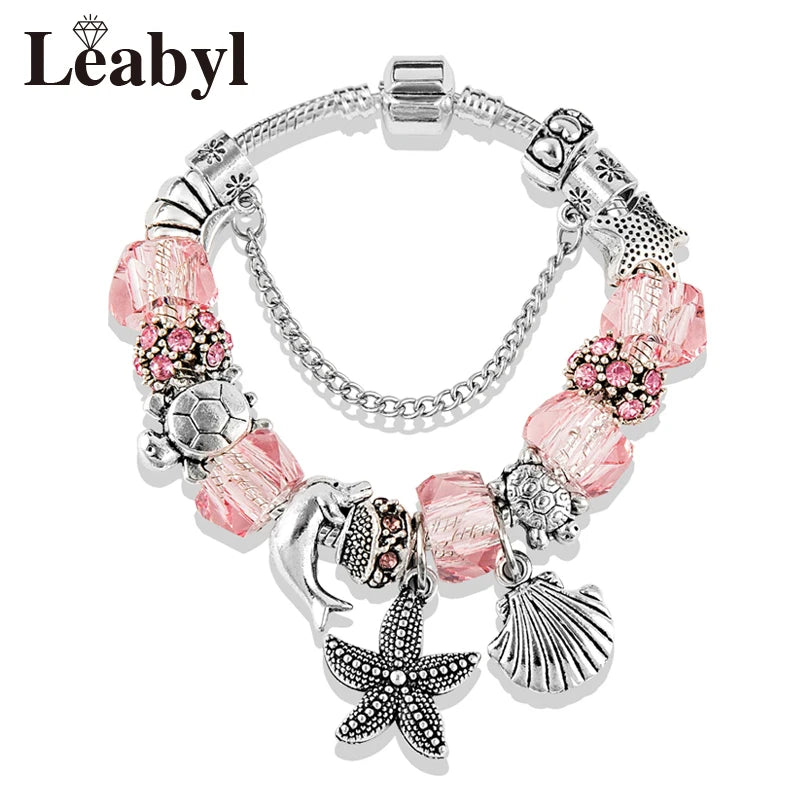 Dropshipping HOT Pink Crystal Heart Shell Charm Bracelet Silver Plated Turtle Starfish DIY Beaded Bracelets Casual Jewelry Gift