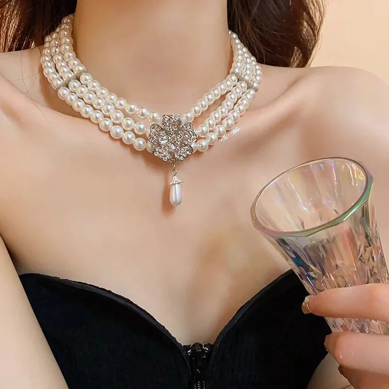 Flower Party Necklaces Women French Luxury Imitation Pearl Multi-layer Necklaces Bracelet Earrings Shiny Rhinestone Jewelry Sets