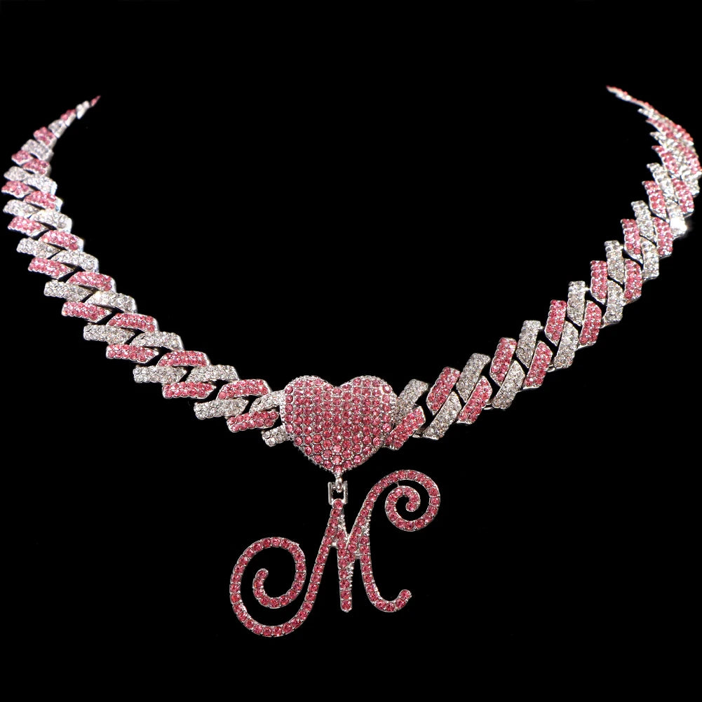 Hip Hop Bling Pink Crystal Cursive Initial Letter Cuban Necklace for Women Iced Out Paved Cuban Chain Necklace Choker Jewelry