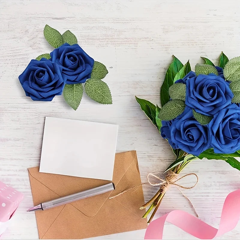 30pcs Artificial Blue Rose Flowers Fake Foam Roses With Stems Wedding Party DIY Decoration Faux Flower Boho Home Room Vase Decor