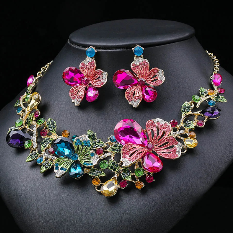 Zlxgirl jewelry Classice Fashion women's wedding jewelry sets colorful Enamel flower necklace with earring accessory