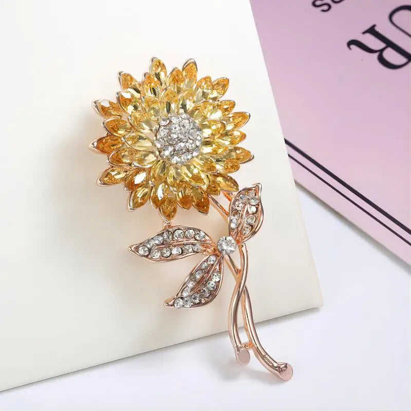 Trendy Sunflower Bee Alloy Zirconia Brooches For Women Girls Gold Color Flower Metal Crystal Jewelry Party Birthday Daily