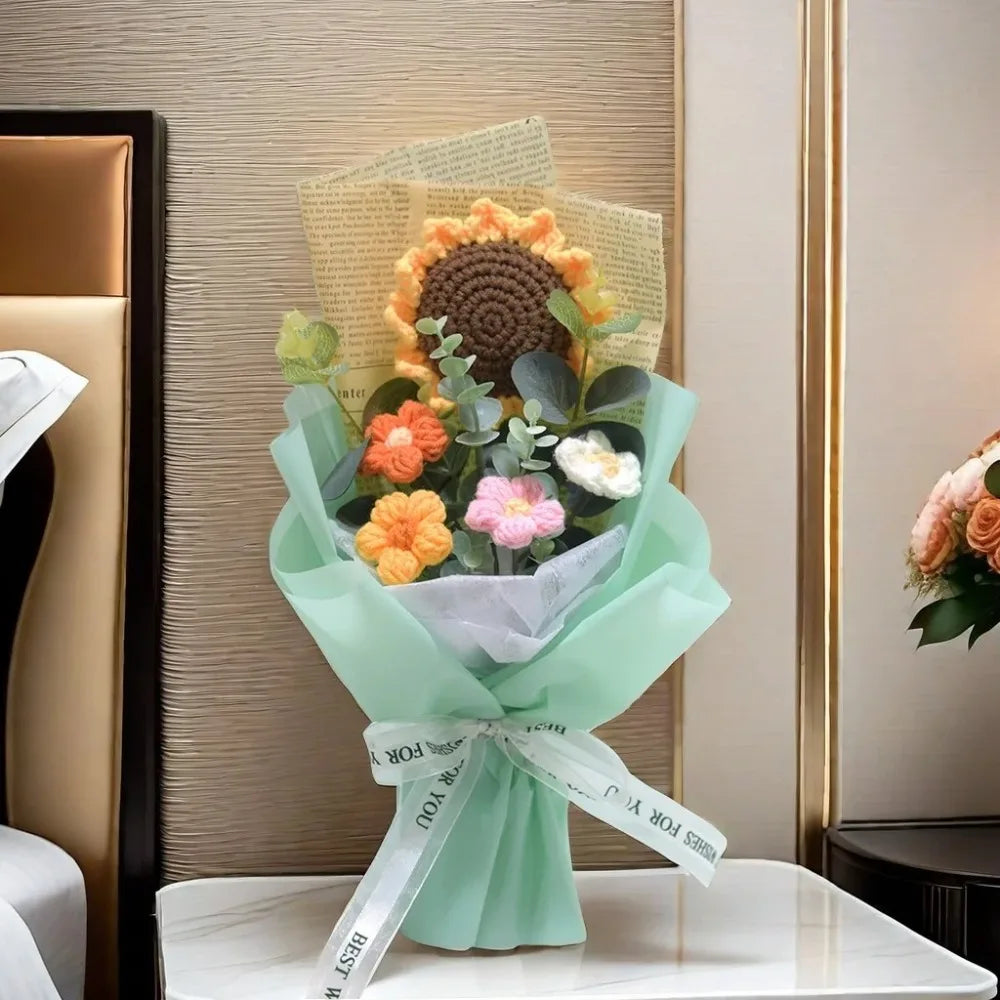 Artificial Flower Crochet Bouquet Handmade Anniversary Sunflower Daisy Bouquet Mothers Day Birthday Gift Eternal Flower
