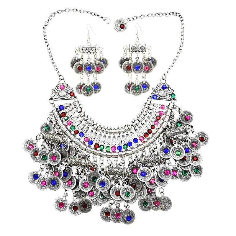 3PC Indian Afghan Jewerly Sets for Women Boho Ethnic Hairbands Necklace Earrings Coins Tassels Vintage Colorful Crystal Drop