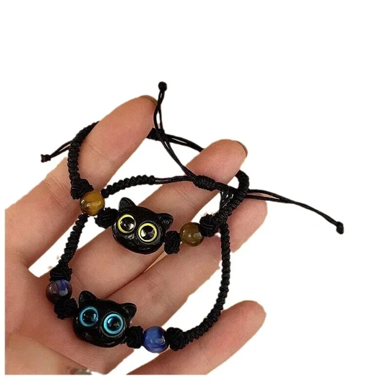 2pcs Cute Natural Stone Black Cat Bracelet for Women Men Fashion Cartoon Animal Beaded Bracelets Handmade Fashion Girl Jewelry