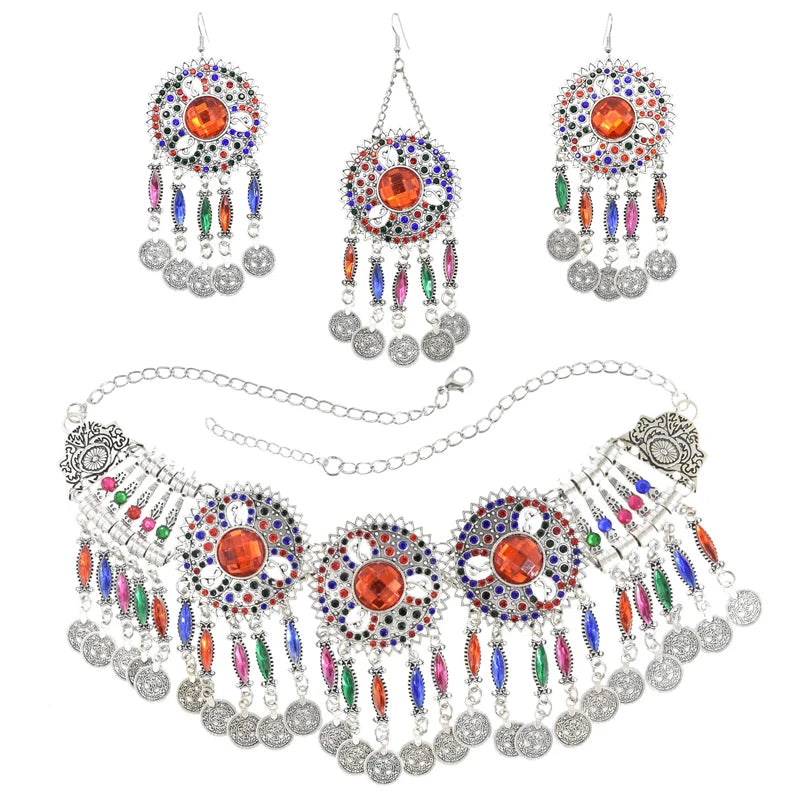 3PC Indian Afghan Jewerly Sets for Women Boho Ethnic Hairbands Necklace Earrings Coins Tassels Vintage Colorful Crystal Drop