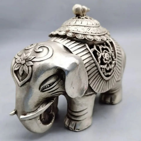 Chinese Buddhism Temple Silver Auspicious Elephant Statue Incense Burner Censer