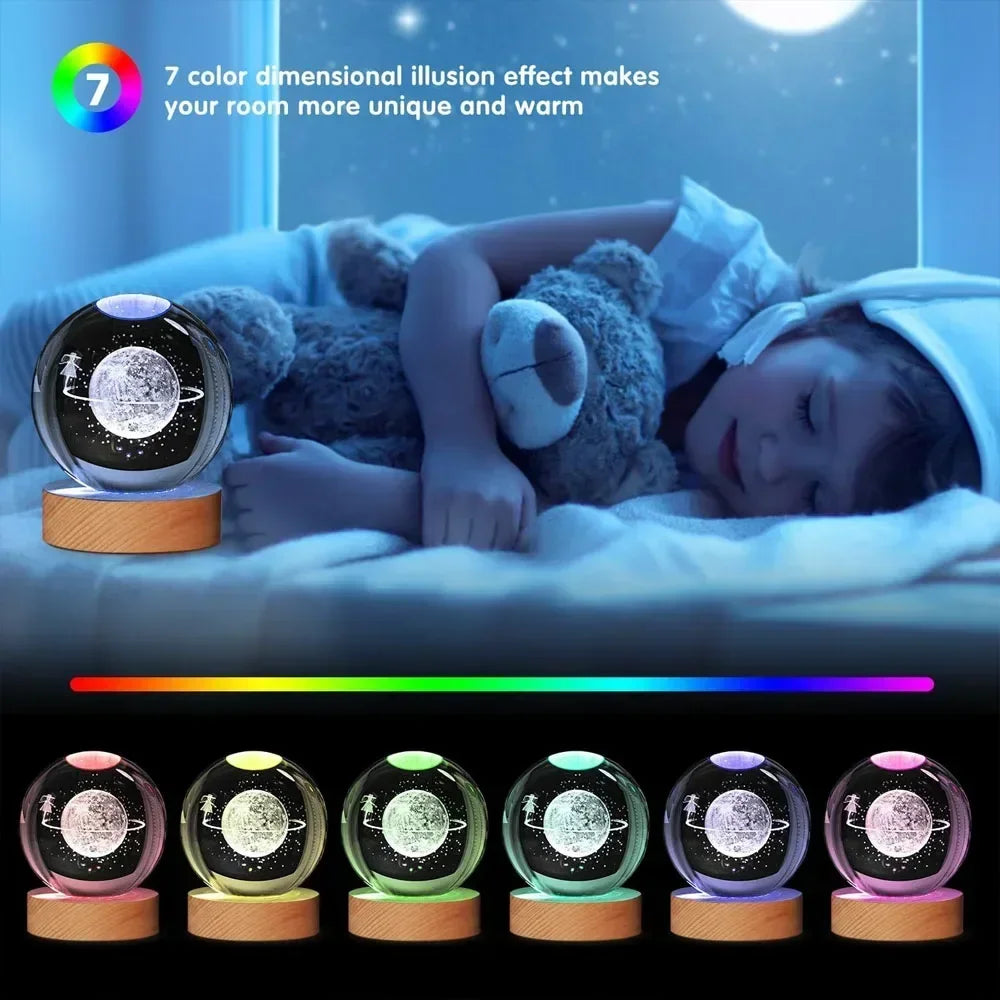 6cm 3D Crystal Christmas Night Light Wooden Base Seven Spectral Colors LED Gift for Boys and Girls