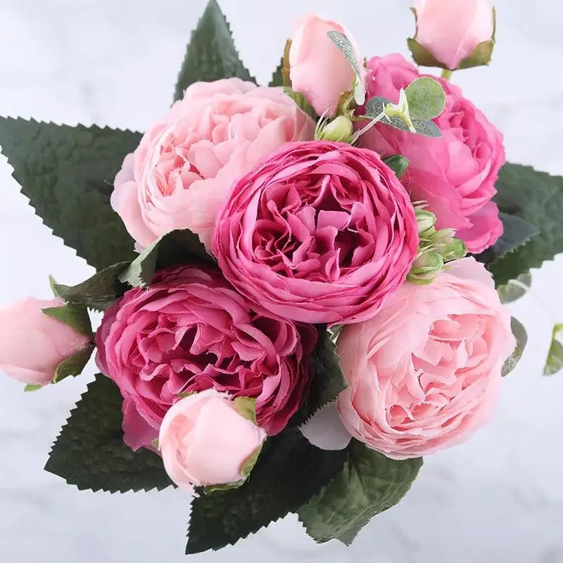 30cm Rose Pink Silk Peony Artificial Flowers Bouquet 5 Big Head Cheap Fake  Wedding Decorate