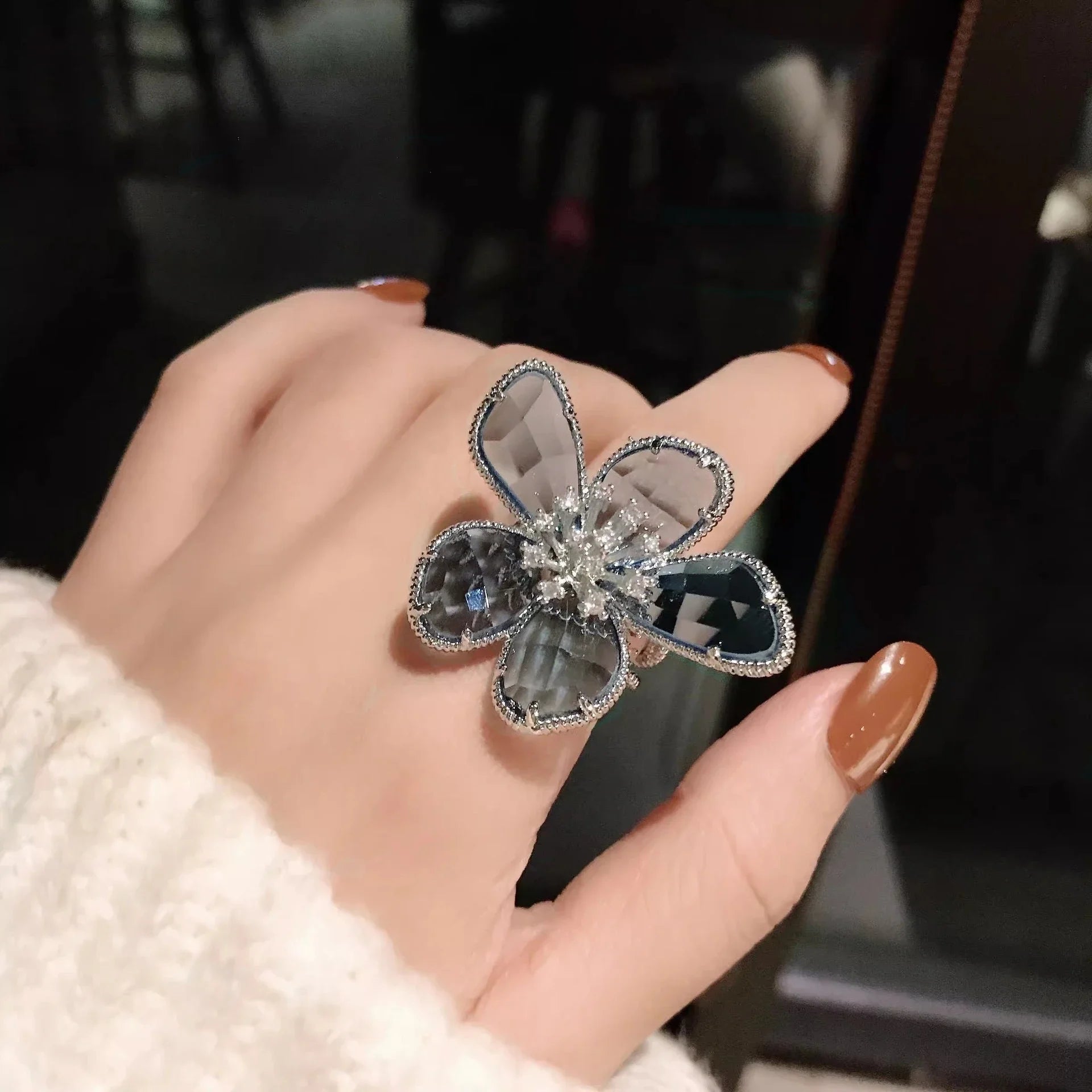Fashion Elegant Crystal Flower Open Ring for Women 2024 New Luxury Wedding Party Jewelry Accessories Christmas Gifts