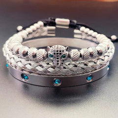 Luxury Set Green Eye Leopard Head Charm Handmade Man Bracelet Crystals Women Stainless Steel Bangles Jewelry