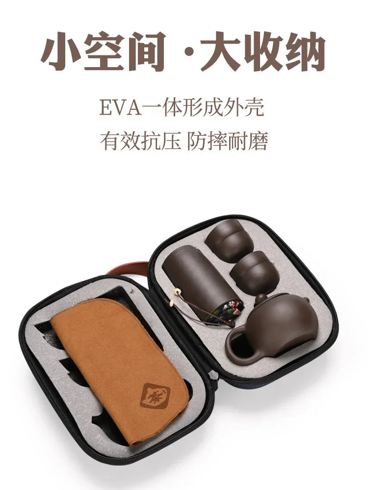 Portable Chinese Travel Tea Set, Teapot Clay Set, Tea Ceremony, Camping, 4 Cups, Zi Shi, Ke Cup, Tea Pot Set