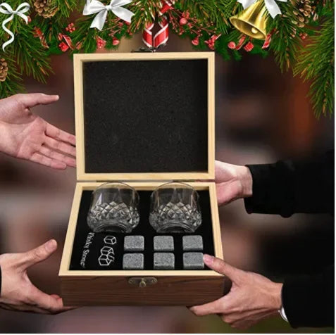 Father's Day Gift for Men Whiskey Stones Glasses Set Granite Ice Cube for Whisky in Wooden Bottle Box Present for Dad Husband