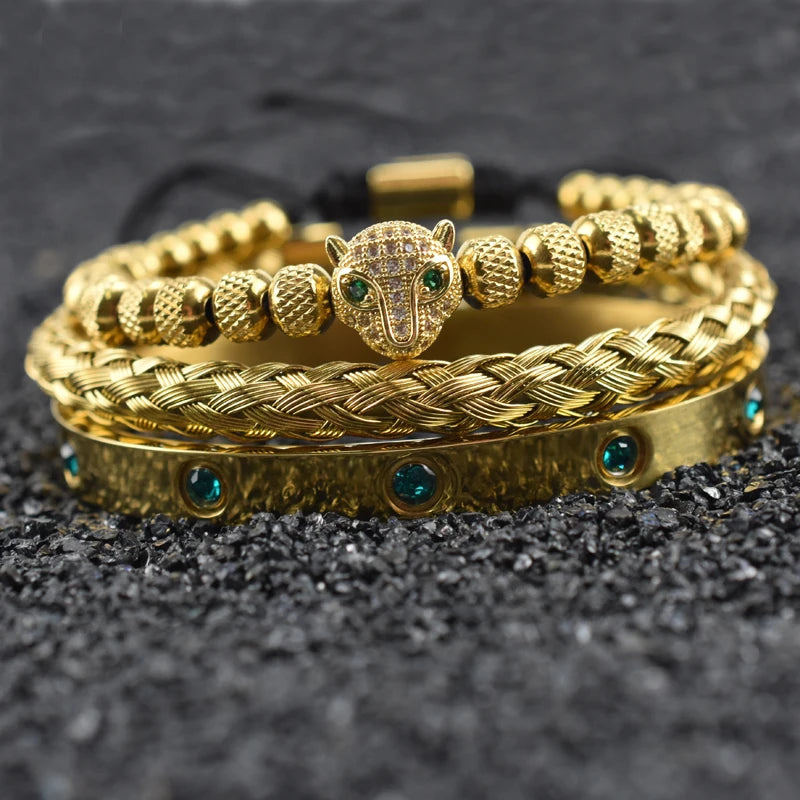 Luxury Set Green Eye Leopard Head Charm Handmade Man Bracelet Crystals Women Stainless Steel Bangles Jewelry