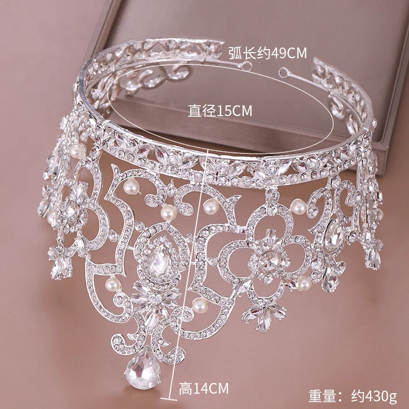 Baroque Vintage Crystal Pearl Big Tiara Crown Diadem Queen King Head Jewelry Bridal Tiaras Wedding Hair Accessories Ornaments