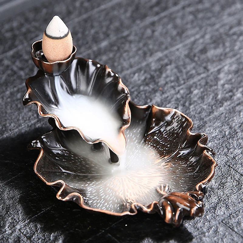 Metal Lotus Leaf Backflow Smoke Incense Cones Burner Holder Censer Aromatherapy Smoke Reflux Incense Burner Home Decor