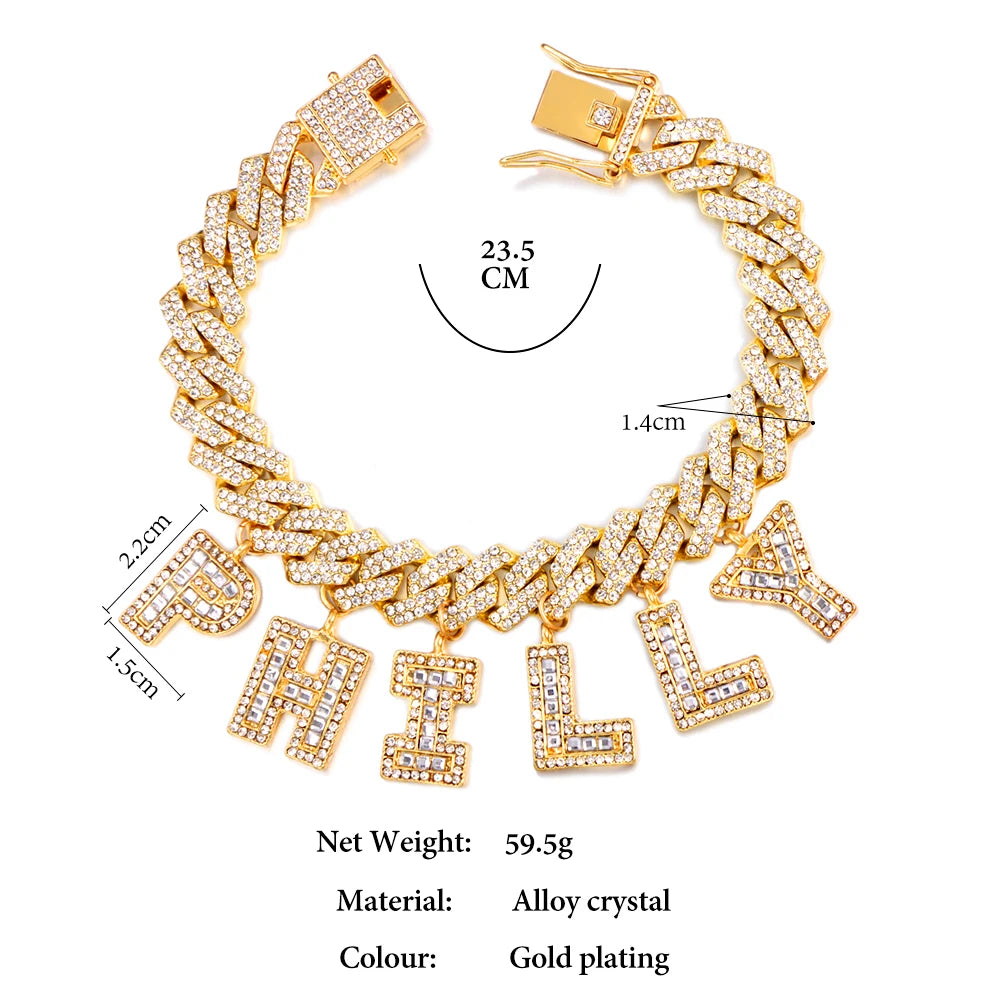 Hip Hop DIY Name Miami Cuban Link Chain Letter Anklet for Women Full Rhinestone Baguette Alphabe Ankle Bracelet Birthday Jewelry
