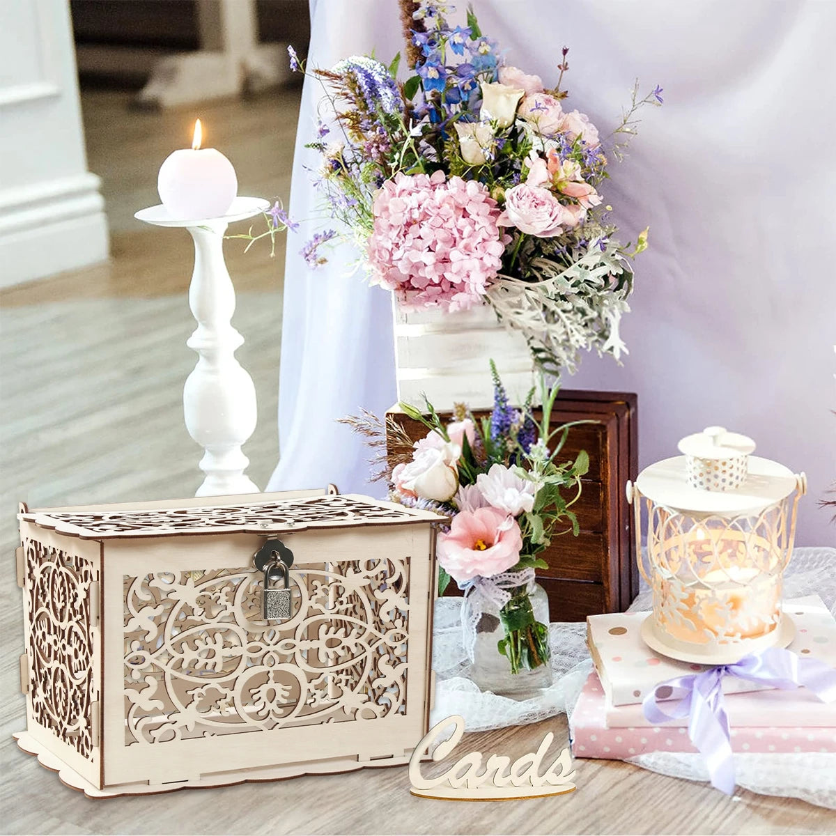 Wooden Wedding Gifts Card Boxes With Lock Mr&Mrs Couple Flower Pattern Envelope Sign Cards Wood Box DIY Rustic Wedding Supplies