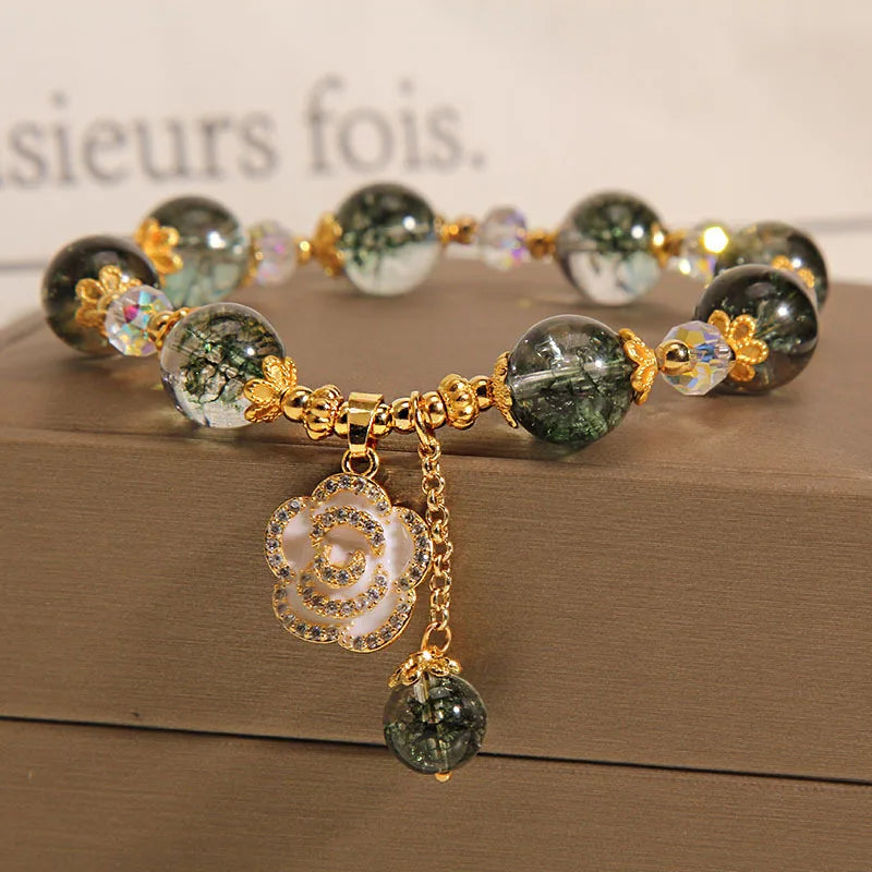Fashion Green Crystal Bracelet Luxury Women's Rose Pendant Beaded Charm Bangles Birthday Wedding Party Jewelry Gift Wholesale