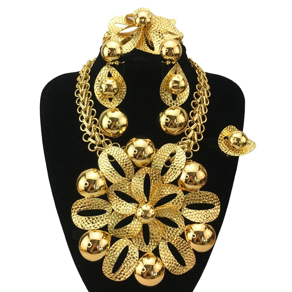 New Fashion Trendy Women Jewelry Set Brazilian Gold-Plated African Wedding Bridal Big Flower Pendant Necklace Gifts FHK18838