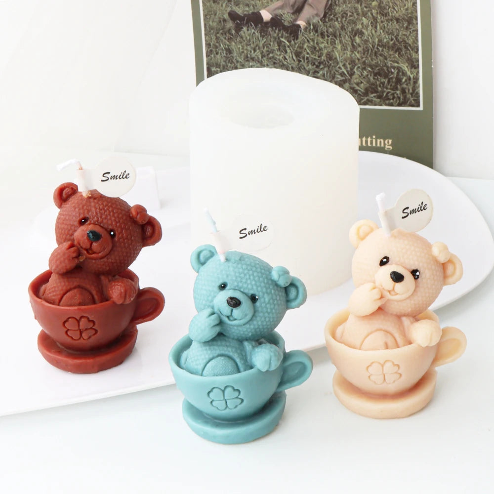 Cartoon Teddy Bear Tea Cup Candle Making 3D Elephant Plaster Resin Silicone Mold Animal Birthday Gift Children’s Day Party Decor