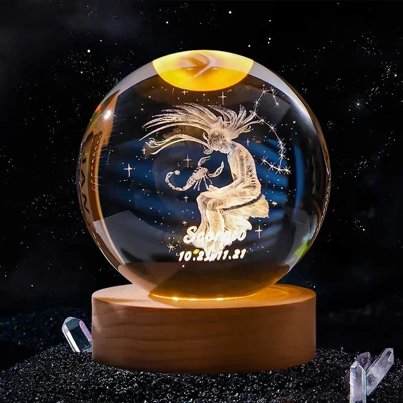 Hot 6cm 3D Crystal Ball Glass Craft Decoration 12 Constellation Birthday Gift Wooden Base Home Desktop Decor Children's Gifts