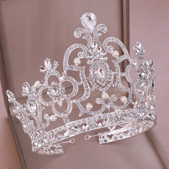 Baroque Vintage Crystal Pearl Big Tiara Crown Diadem Queen King Head Jewelry Bridal Tiaras Wedding Hair Accessories Ornaments