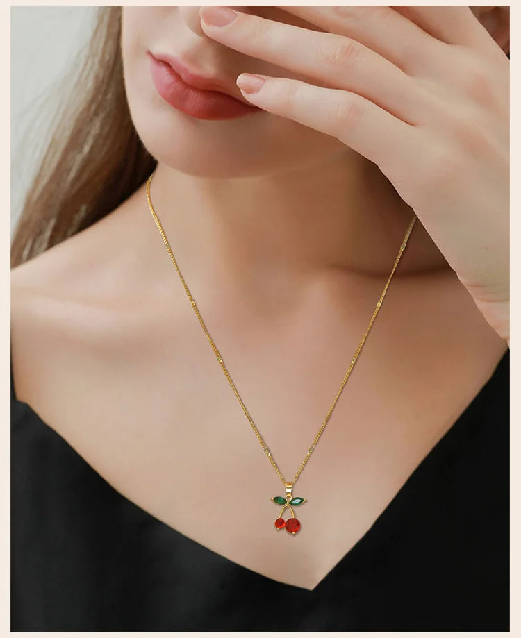 Cherry Charms Necklace for Women,14K Gold Plated Stainless Steel Chain Birthday Gift