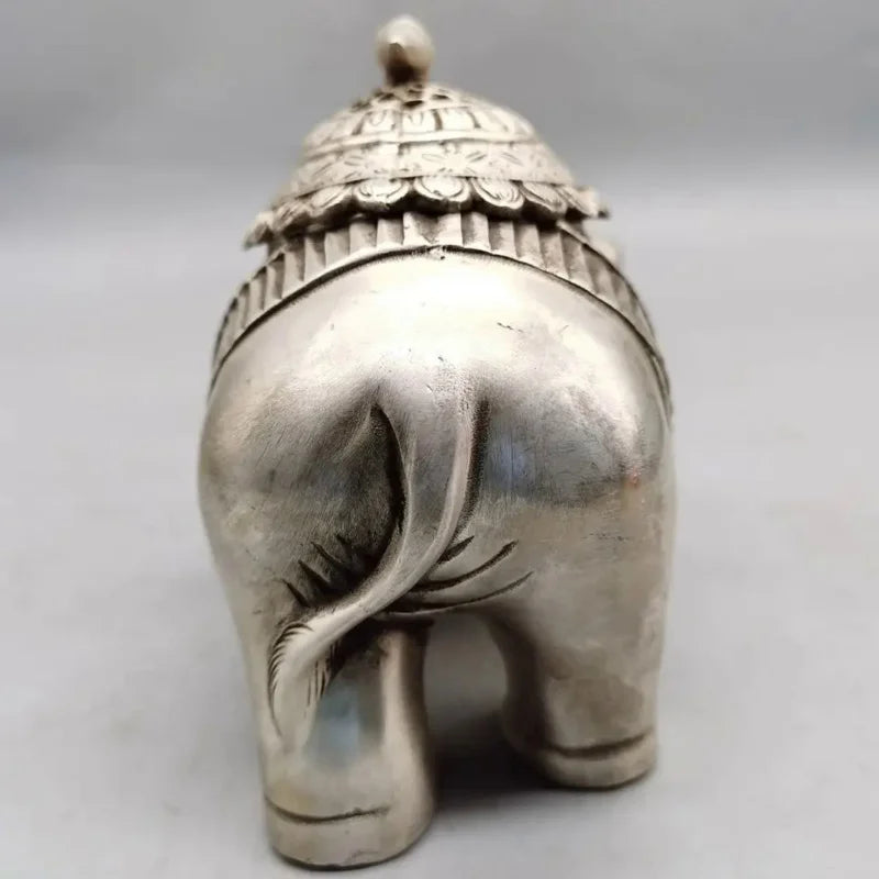 Chinese Buddhism Temple Silver Auspicious Elephant Statue Incense Burner Censer