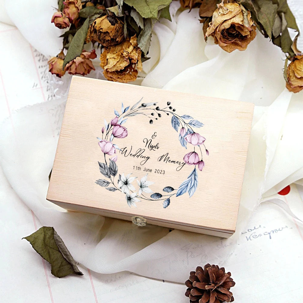 Wooden Personalised Floral Wedding Memory Box Wedding Keepsake Boxes Gift for Bride and Groom Custom Name Unique Gift Idea