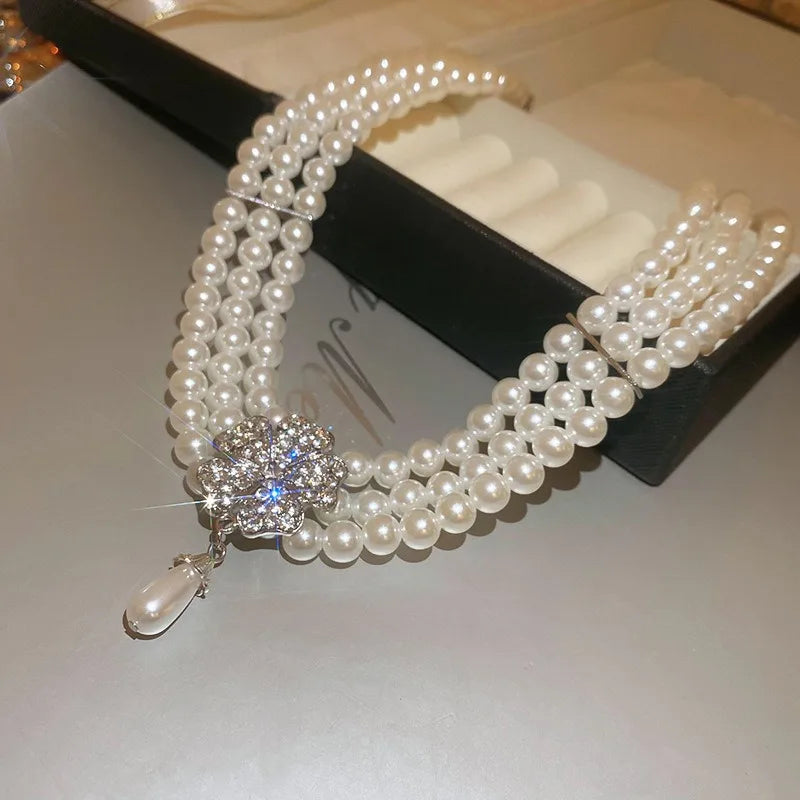 Flower Party Necklaces Women French Luxury Imitation Pearl Multi-layer Necklaces Bracelet Earrings Shiny Rhinestone Jewelry Sets