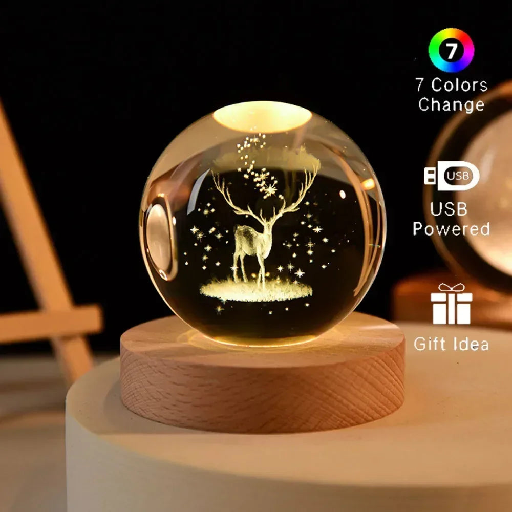 6cm 3D Crystal Christmas Night Light Wooden Base Seven Spectral Colors LED Gift for Boys and Girls