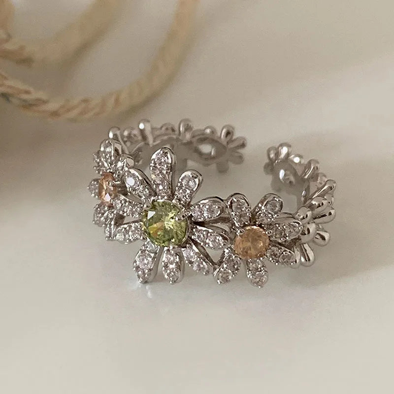PANJBJ 925 Sterling Silver Flower Rings For Women Zircon Design Fashion Sweet Romantic Jewelry Gift Dropshipping