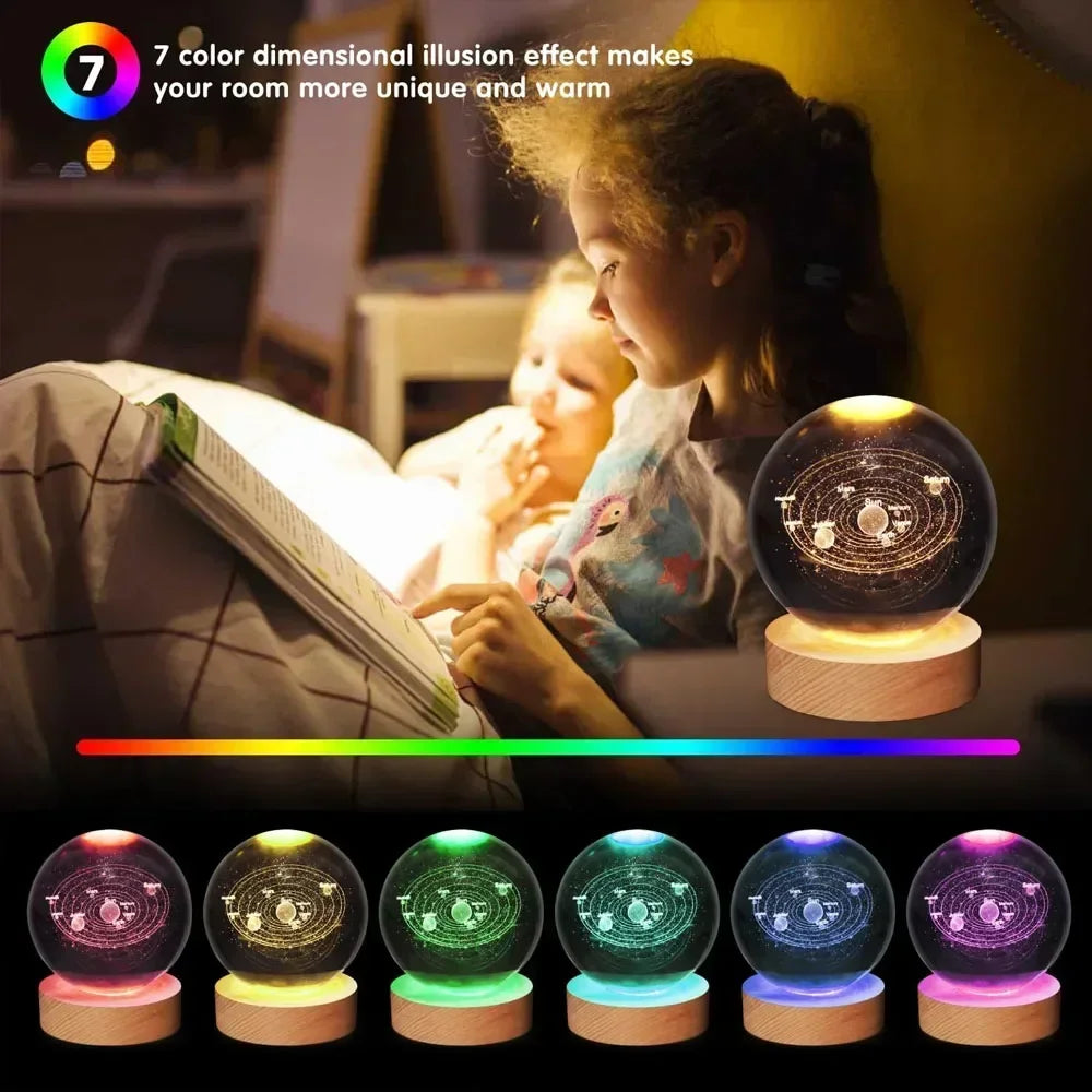 6cm 3D Crystal Christmas Night Light Wooden Base Seven Spectral Colors LED Gift for Boys and Girls