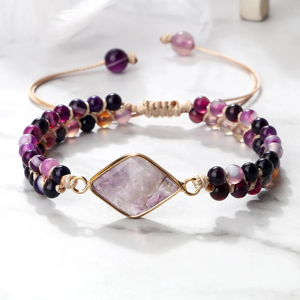 Purple Crystal Agate Stone Wrap Bracelet Charm String Braided Yoga Beaded Bracelets Bangles Bohemian Gift Jewelry for Women Men