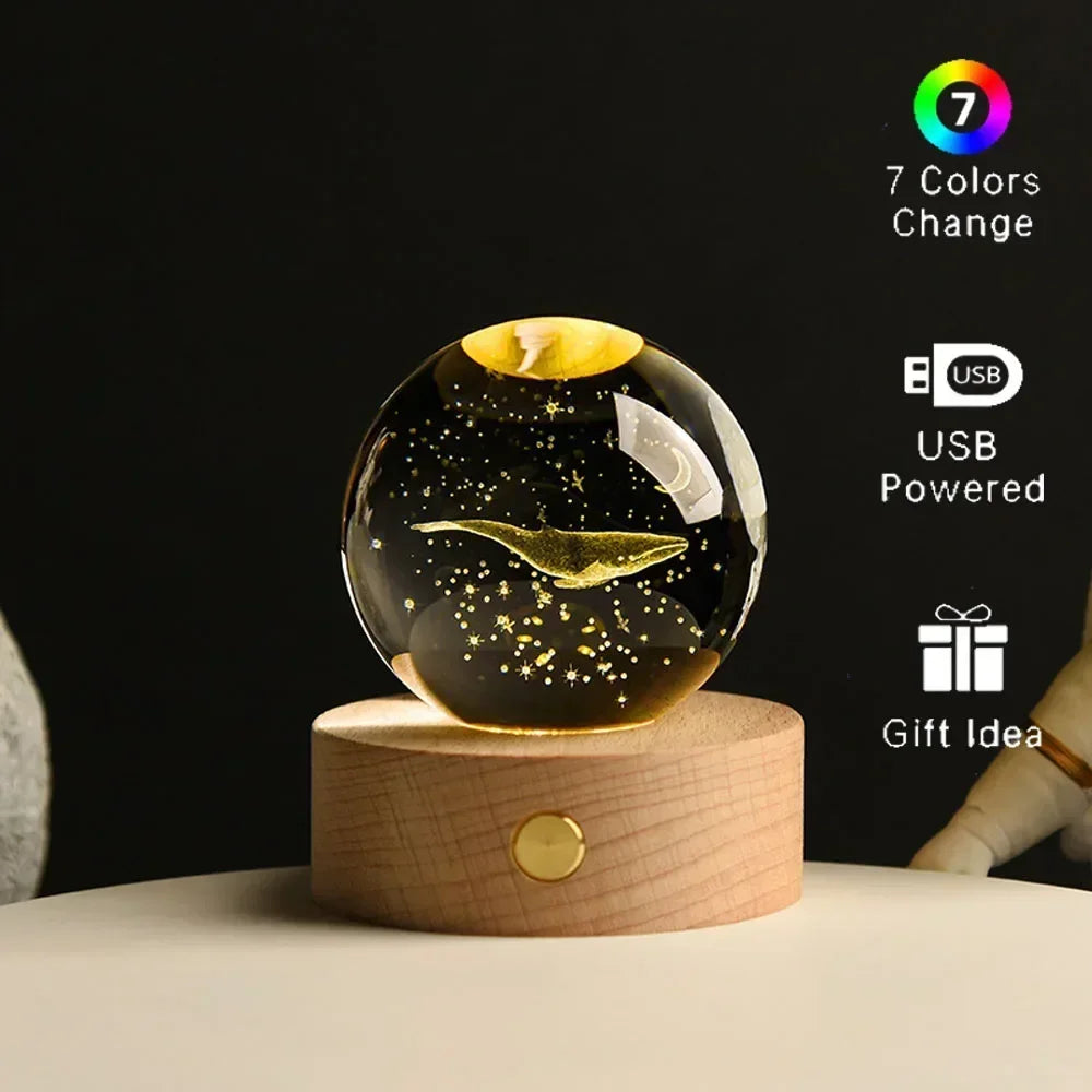 6cm 3D Crystal Christmas Night Light Wooden Base Seven Spectral Colors LED Gift for Boys and Girls